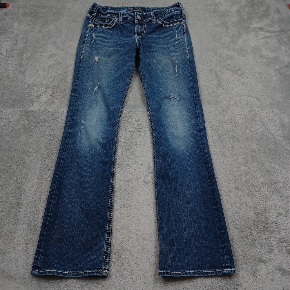 Silver Jeans Jeans Womens 28 Blue Denim Slim Bootcut Pockets Distressed Modern